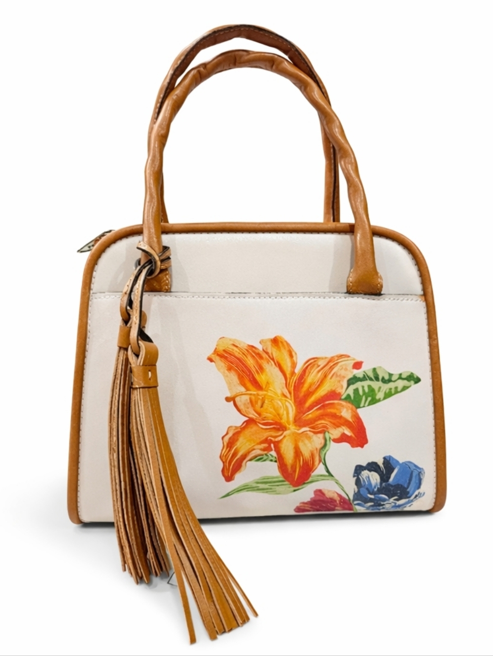 NWT Patricia Nash Paris Floral Satchel Chalk White Leather Crossbody Tassel Bag